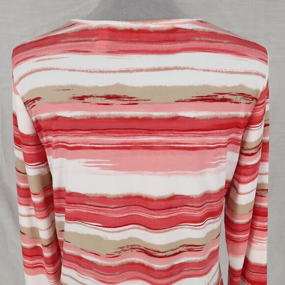 Chicos Easywear Top 1 Womens Medium Red Pink Beige Stripe Blouse Stretch Knit - Picture 9 of 11